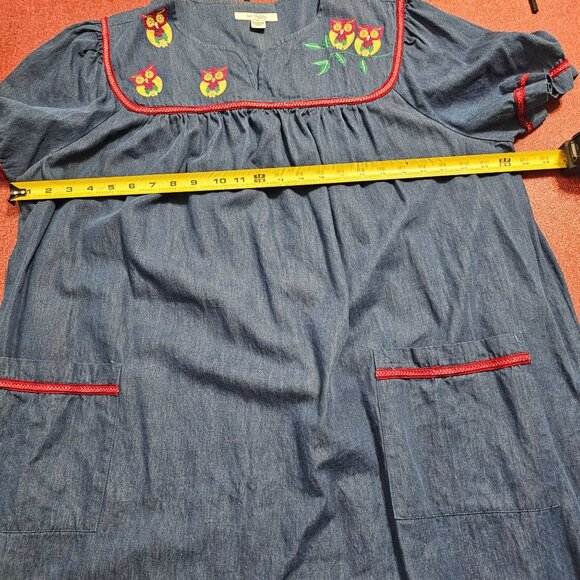 Go Softly Patio Dress XL Blue Owl Embroidered Short Sleeve Pockets Cottagecore - Picture 7 of 9